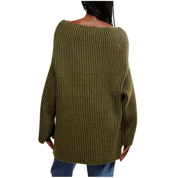 FREE PEOPLE Boat Neck Tunic Sweater in Chive Combo Size X-Large - Picture 10 of 10